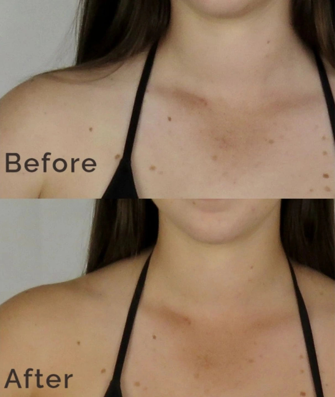 Before and after using LAMAV self tanning lotion on a woman's chest and neck.