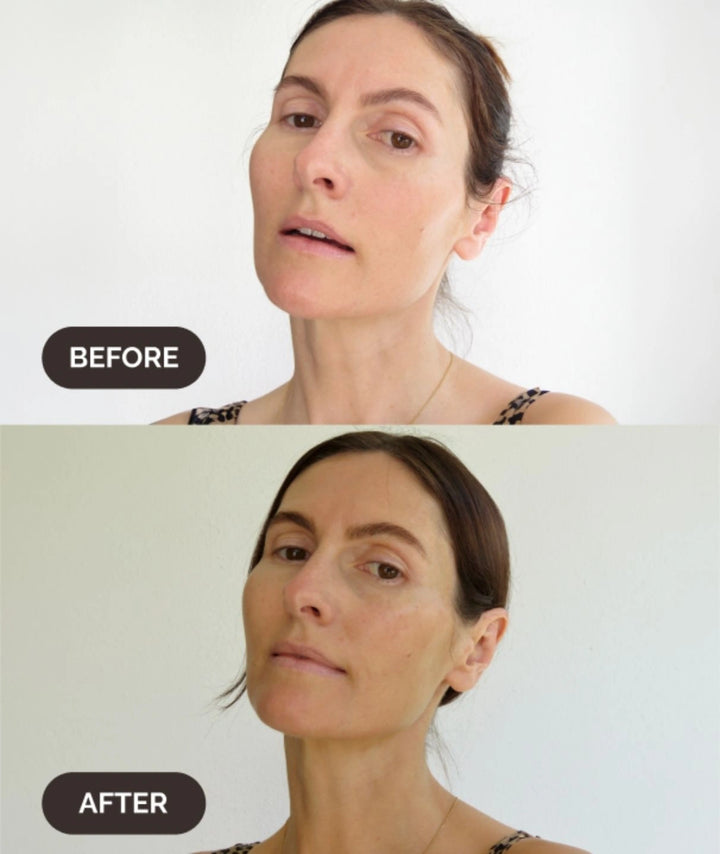 Before and after applying LAMAV self tanner, showing a natural glow on a woman's face.