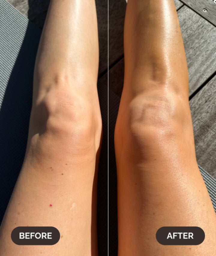 Outdoor before and after view of legs showing a golden tan from LAMAV self tanner.