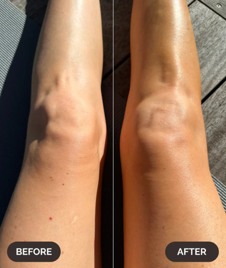 Before and after sunless tanning results on legs using LAMAV Glow on the Go. Smooth bronze finish.