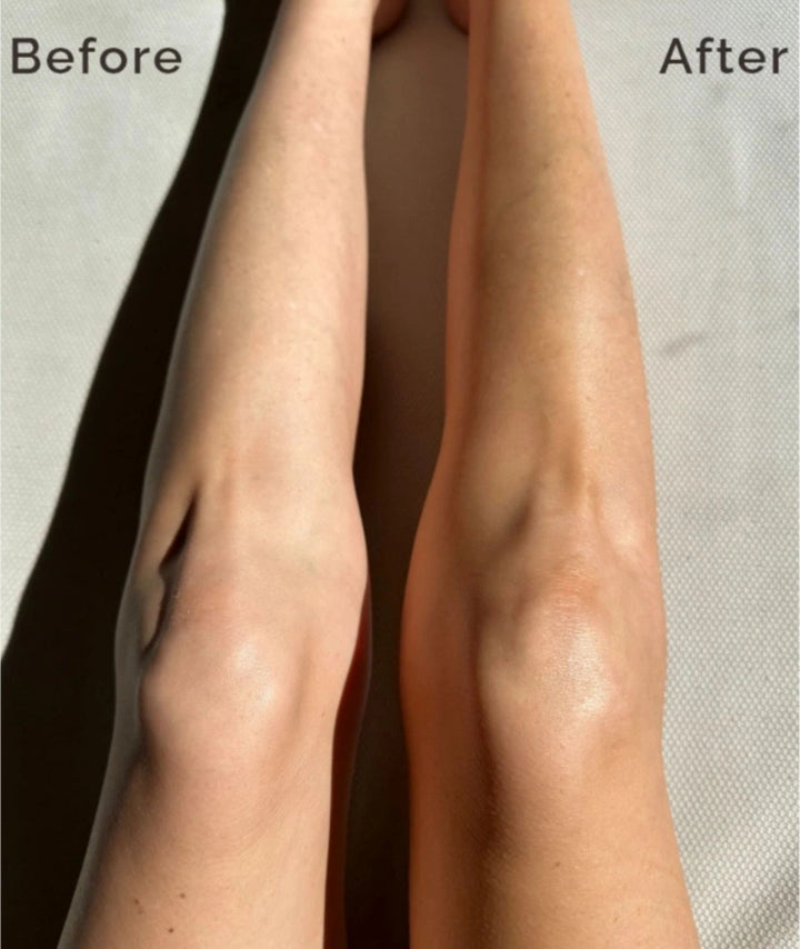 Before and after results of LAMAV self tanner on legs, showing a rich golden tan.