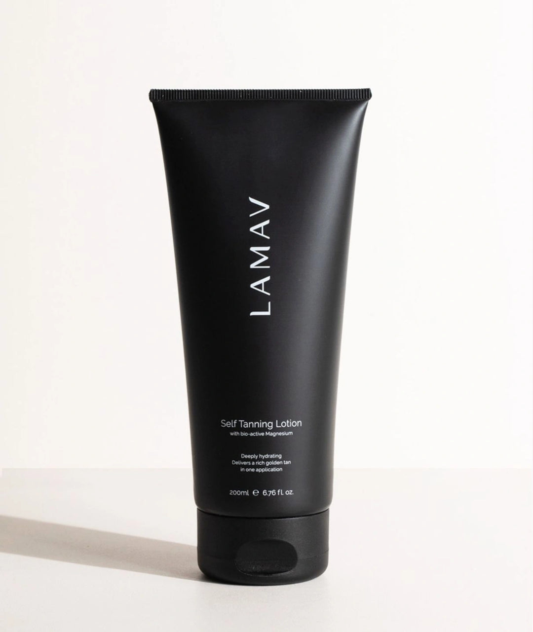 LAMAV organic self tanning lotion with bio-active magnesium in a 200ml black tube