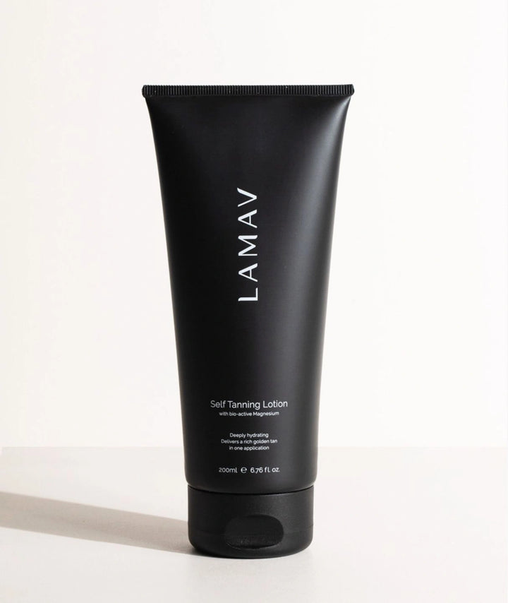 LAMAV organic self tanning lotion with bio-active magnesium in a 200ml black tube
