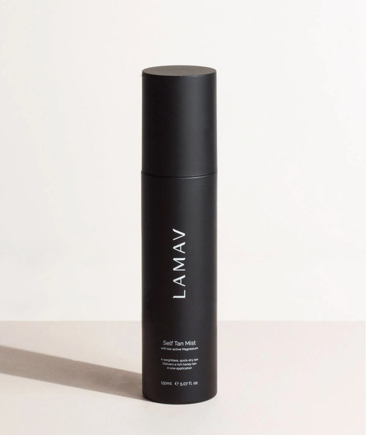 Front view of the 150ml LAMAV Self Tan Mist bottle with its cap securely on.