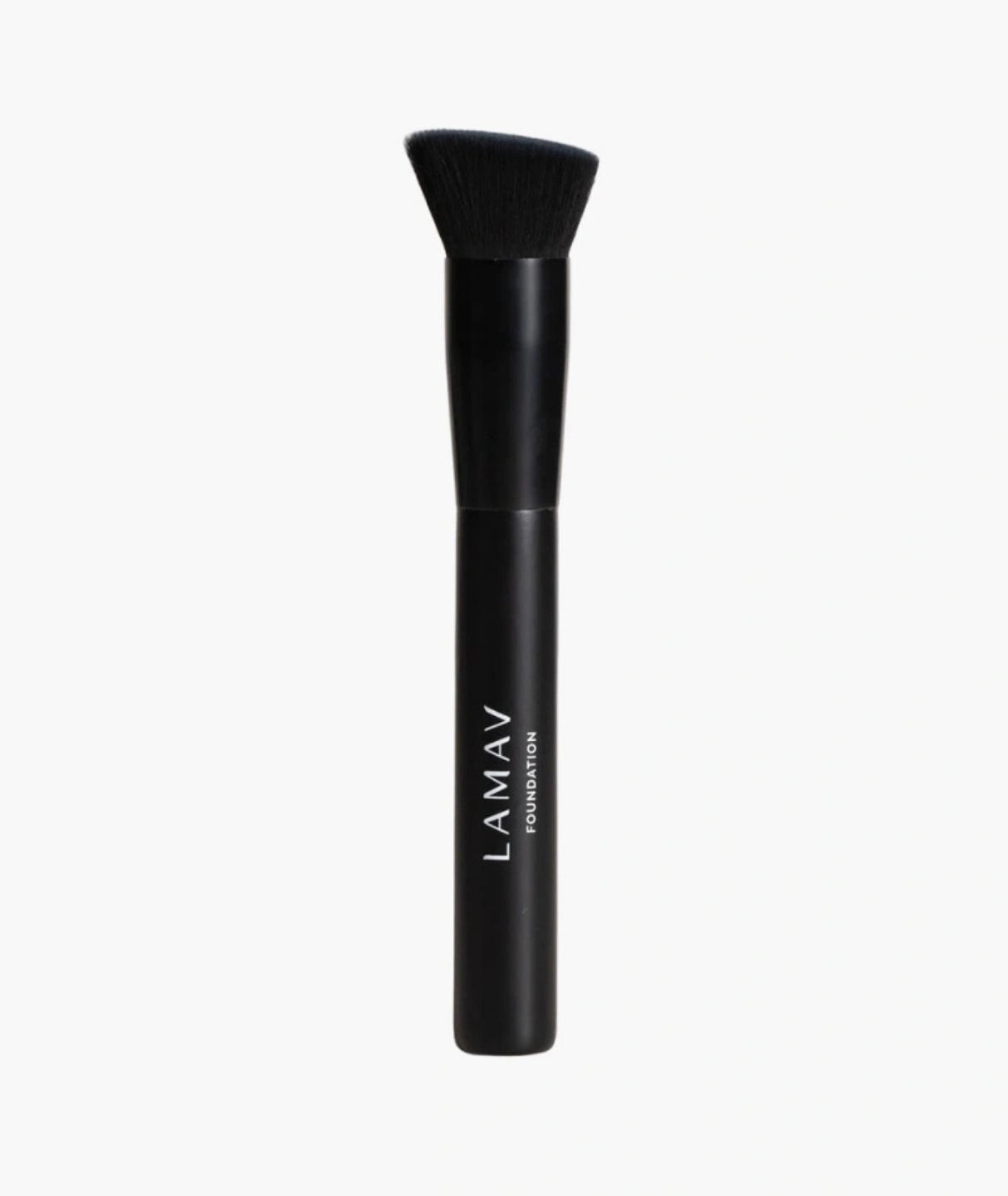 LAMAV Vegan Foundation Brush isolated on white. Black cruelty-free angled makeup brush for flawless liquid application.