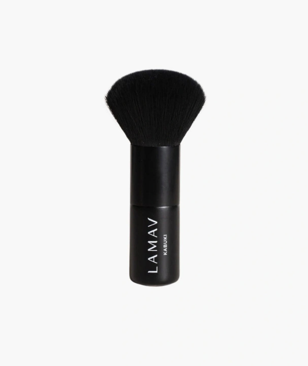 Front view of the LAMAV Vegan Kabuki Brush. A cruelty-free black makeup brush isolated on a white background.