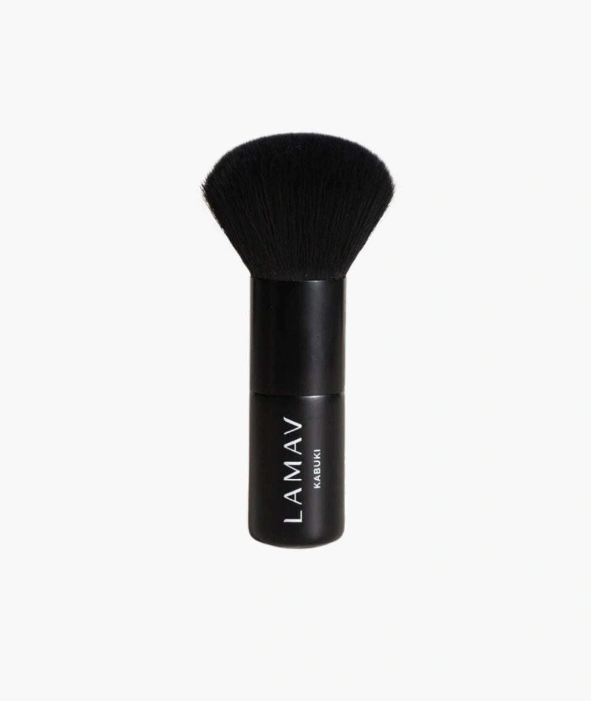 Front view of the LAMAV Vegan Kabuki Brush. A cruelty-free black makeup brush isolated on a white background.