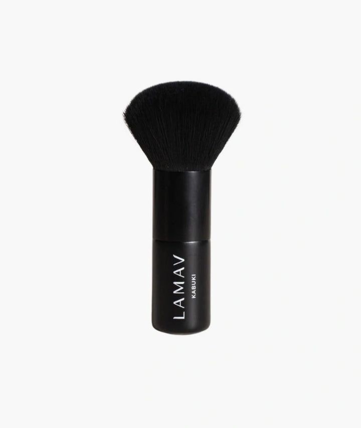 Front view of the LAMAV Vegan Kabuki Brush. A cruelty-free black makeup brush isolated on a white background.