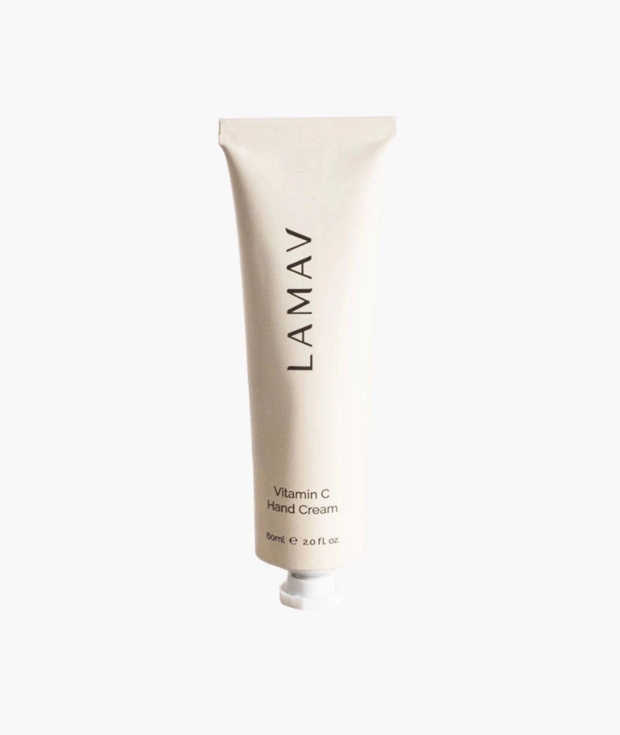 LAMAV Vitamin C Hand Cream 60ml isolated on white. Hydrating anti-aging hand lotion in a squeeze tube.