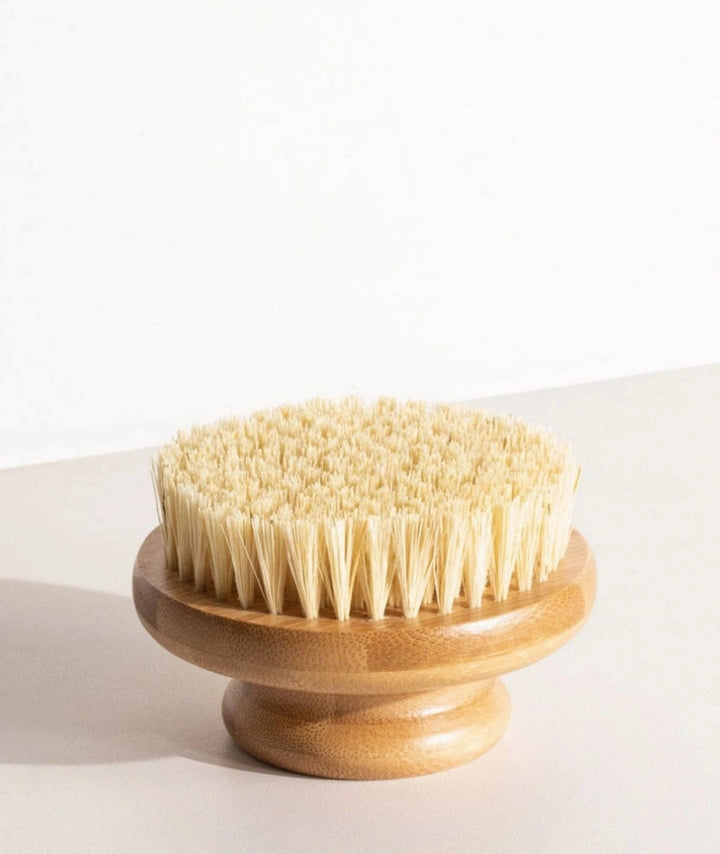 LAMAV wooden dry body brush sitting with its natural bristles facing upward.