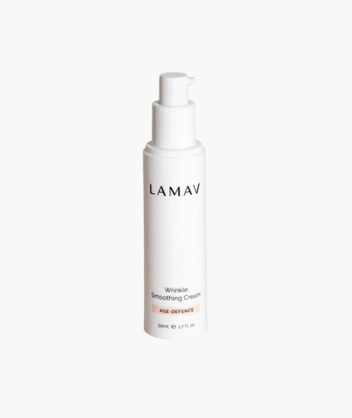 LAMAV Wrinkle Smoothing Cream 50ml isolated on white. Anti-aging face lotion in a white pump bottle.