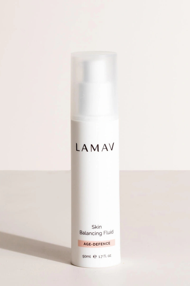 LAMAV skin balancing fluid bottle on a light background