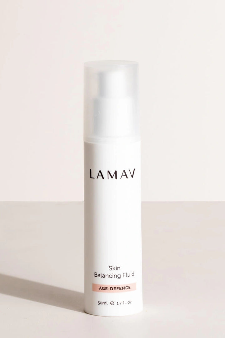 LAMAV skin balancing fluid bottle on a light background