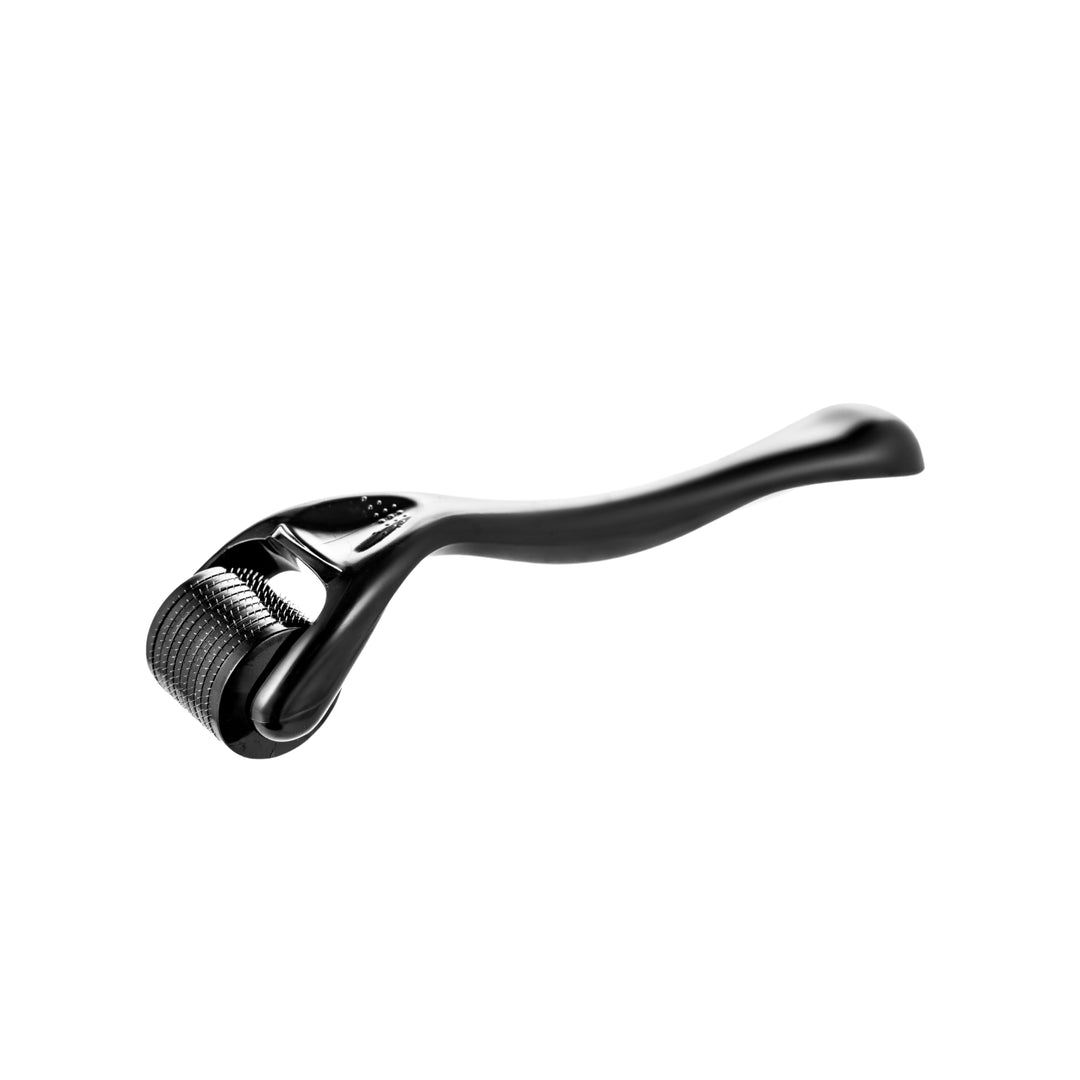 A black derma roller with a curved handle and a black micro-needle roller head, on a white background. The micro derma roller is used in skincare routines to promote hair growth, collagen production, or enhance the absorption of skincare products.