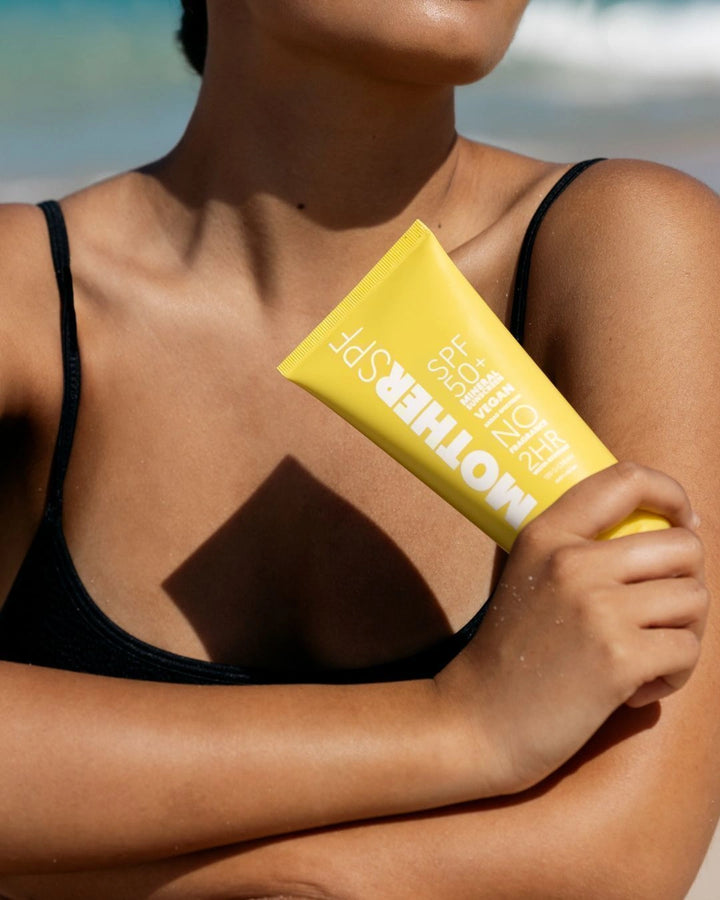 Mother SPF Face + Body SPF 50 broad-spectrum sunscreen blending effortlessly into skin without white cast