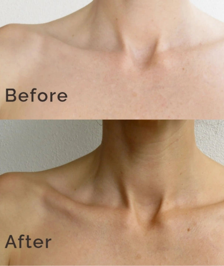 Before and after applying LAMAV self tanner, showing a natural glow on collarbone.