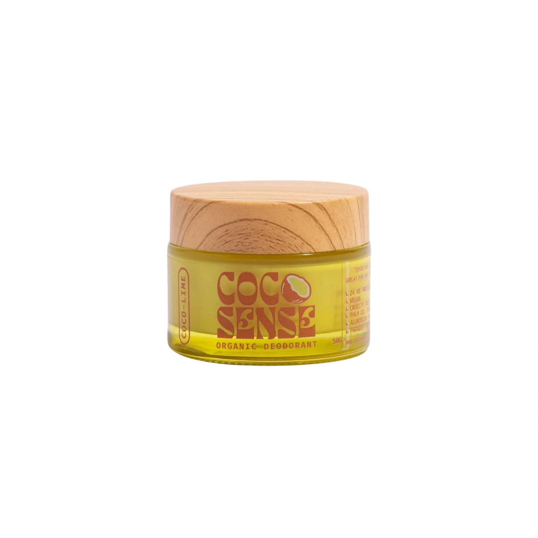 Jar of Coco Sense organic natural deodorant with wooden cap on a white background