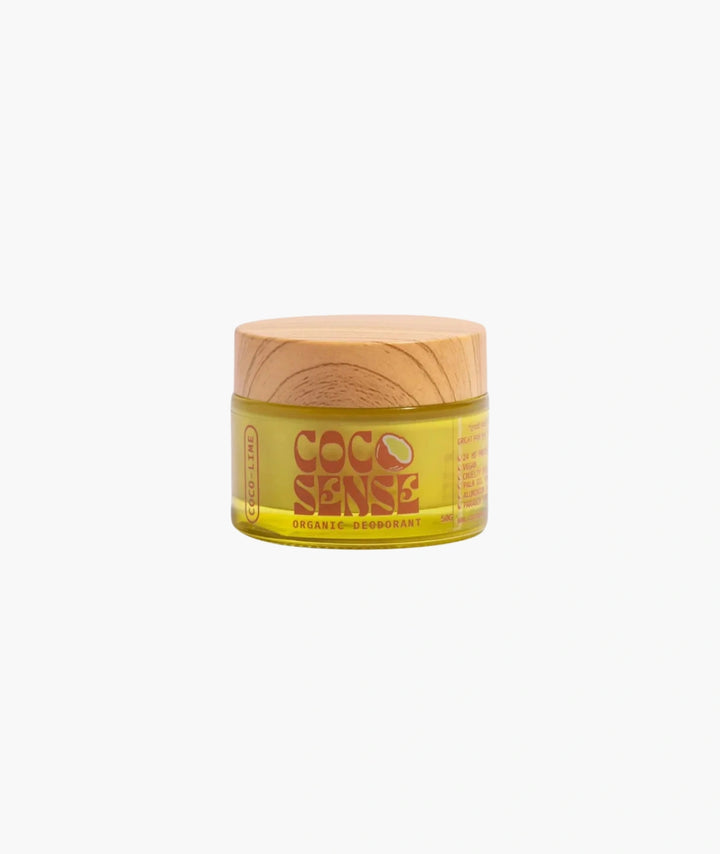Jar of Coco Sense organic natural deodorant with wooden cap on a white background
