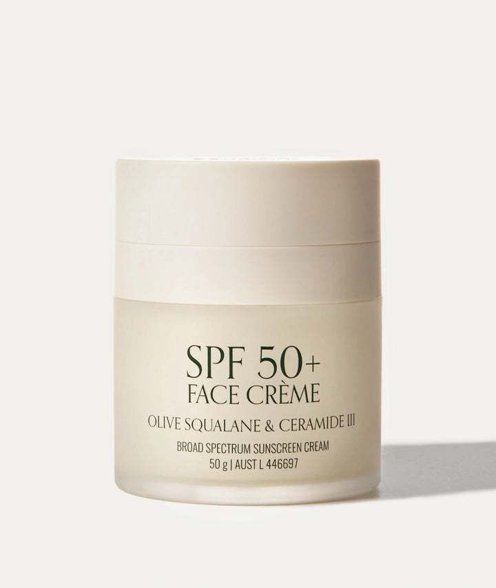 Outside Beauty SPF 50+ Face Crème 50g with olive squalane and ceramide III for daily UV protection.