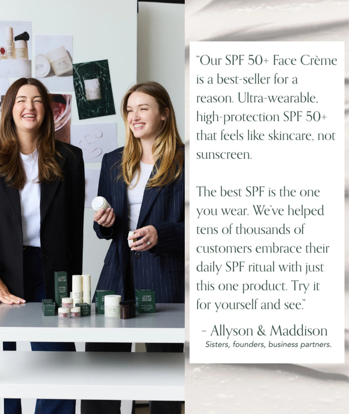 Outside Beauty founders with SPF 50+ Face Crème, Australian sunscreen with olive squalane and ceramide III.
