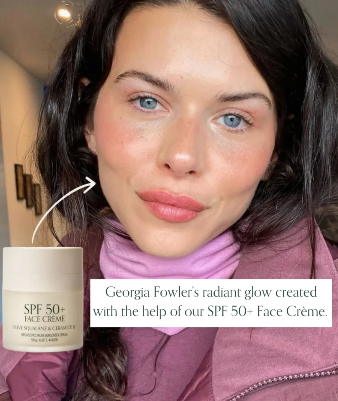 Georgia Fowler wearing Outside Beauty SPF 50+ Face Crème for hydrated, glowing skin and daily sun protection.