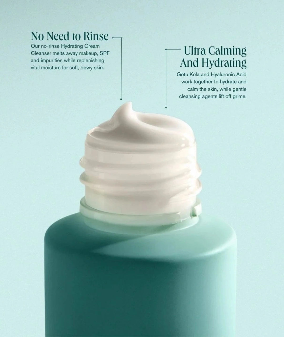 Hydrating Cream Cleanser by SAMI — close-up of a white cream swirl on the bottle neck | Ultra calming and hydrating