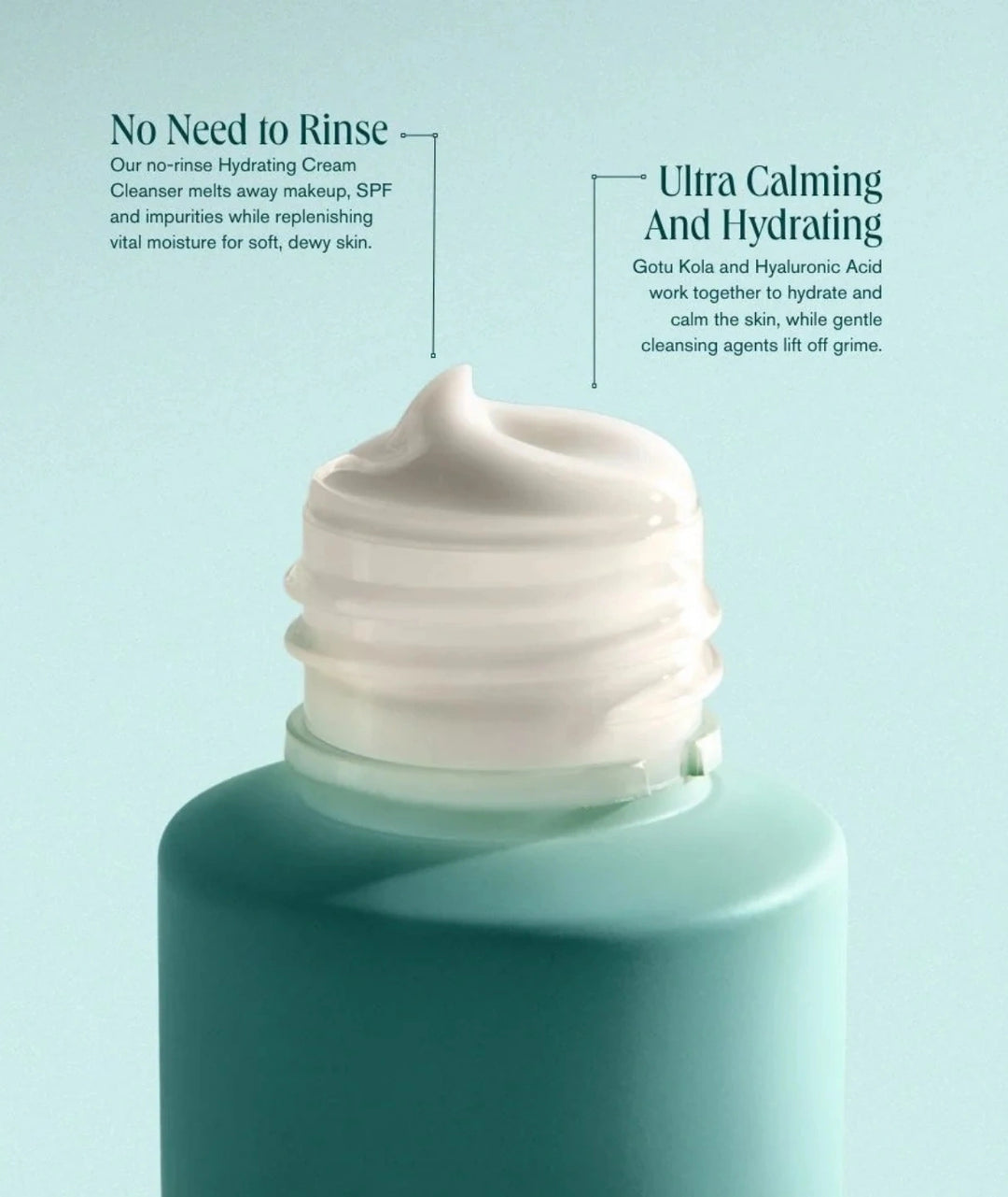 Hydrating Cream Cleanser by SAMI — product callouts for no-rinse formula | ultra calming & hydrating