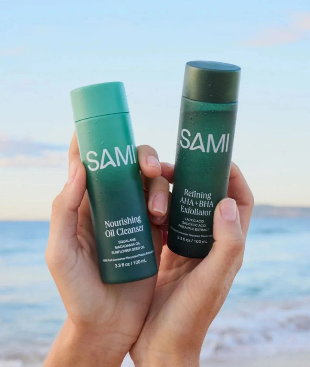 Double Cleanse Set by SAMI — holding oil cleanser & AHA BHA exfoliator by ocean | smooths & clears skin