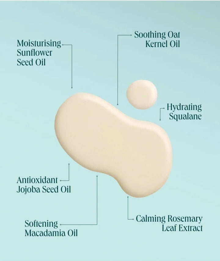 SAMI Nourishing Oil Cleanser key ingredients breakdown featuring squalane, jojoba, and oat oil.