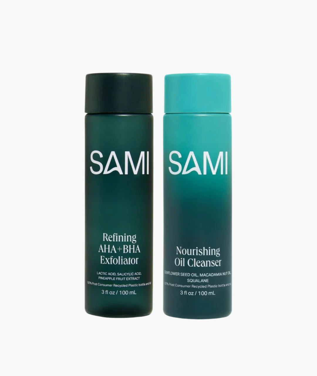Nourishing Oil Cleanser & AHA+BHA Exfoliator by SAMI — 100ml green bottles | deeply cleanses and gently exfoliates