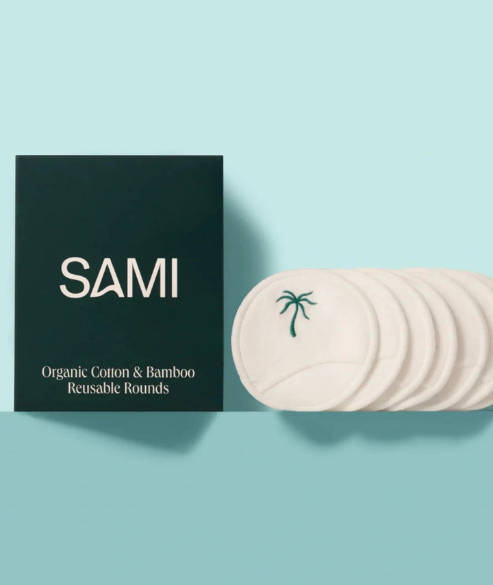 Organic Cotton & Bamboo Reusable Rounds by SAMI — dark green box and white palm pads | eco-friendly makeup remover