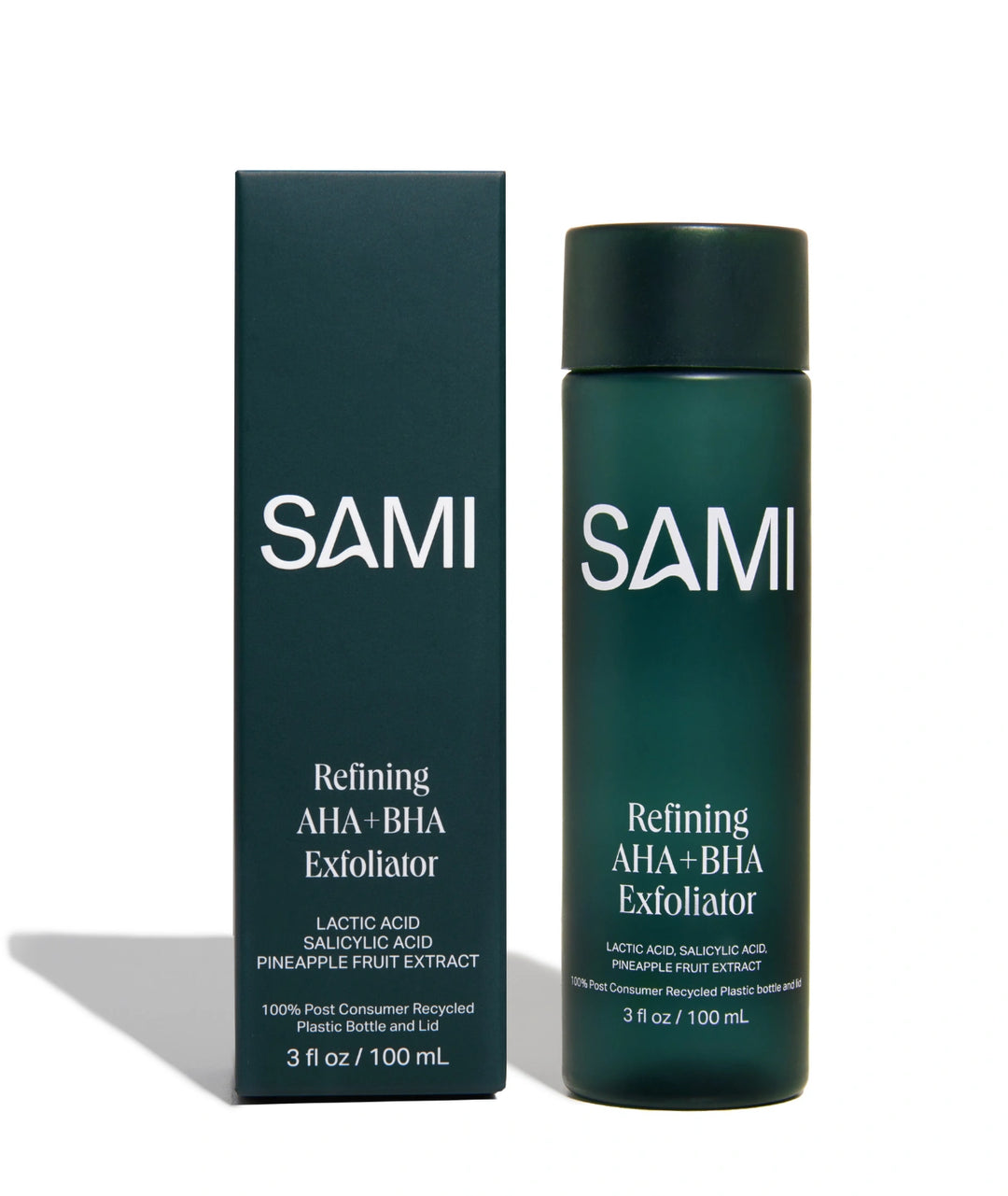 Refining AHA+BHA Exfoliator by SAMI — 100ml green bottle and packaging box | smooths skin texture