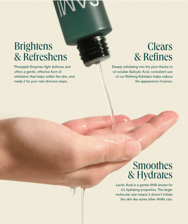 Refining AHA + BHA Exfoliator by SAMI — liquid poured into hand showing hydration benefits