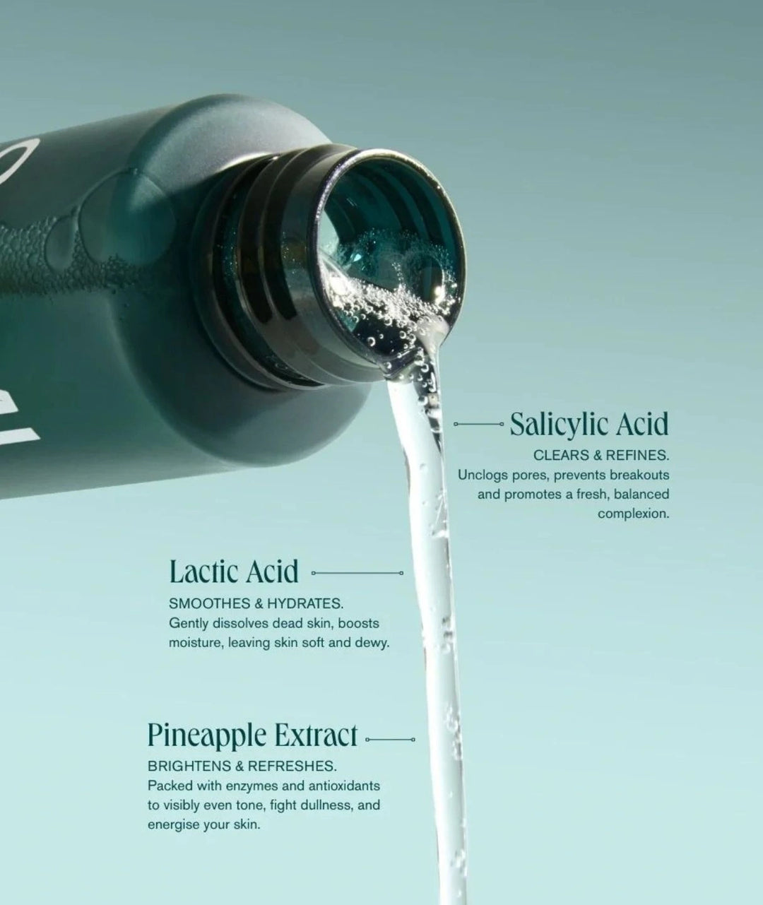 Refining AHA BHA Exfoliator by SAMI — clear liquid pouring from the bottle | Unclogs pores and prevents breakouts