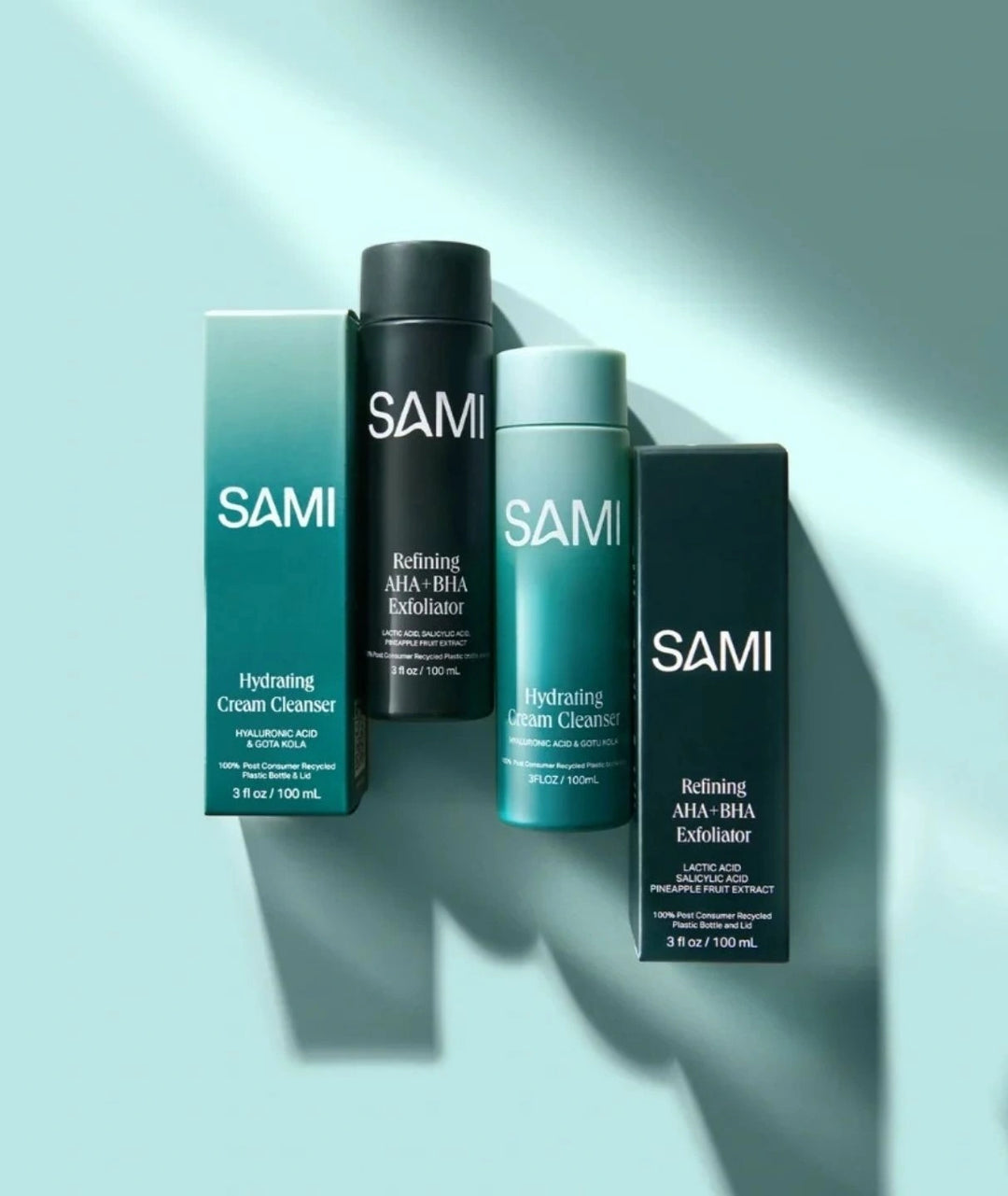 Skincare Duo by SAMI — skincare bottles standing next to their packaging boxes | Essential daily routine for hydration