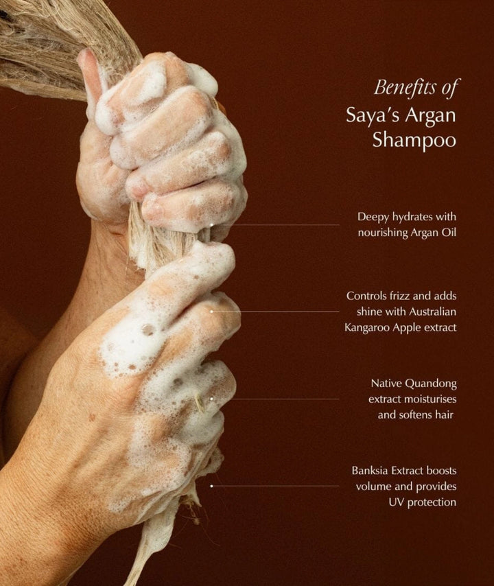 Lathered hair showing Saya Argan Shampoo benefits: hydration, frizz control, and volume.