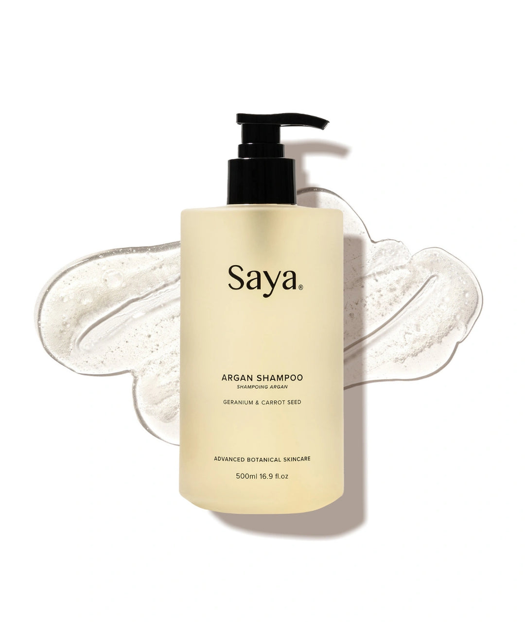 500ml Saya Argan Shampoo bottle displayed over a clear, hydrating gel texture smear.
