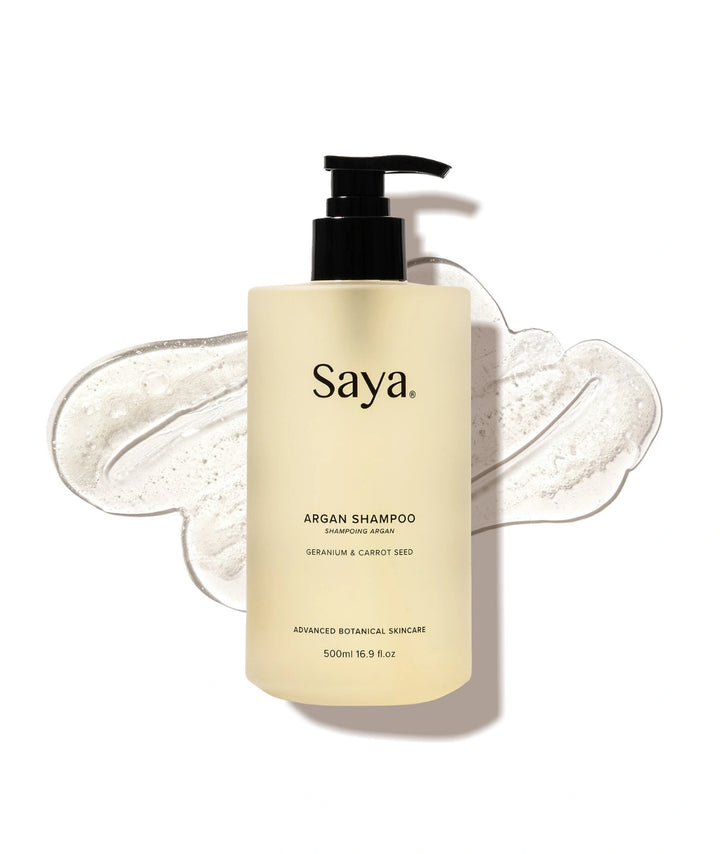 500ml Saya Argan Shampoo bottle displayed over a clear, hydrating gel texture smear.