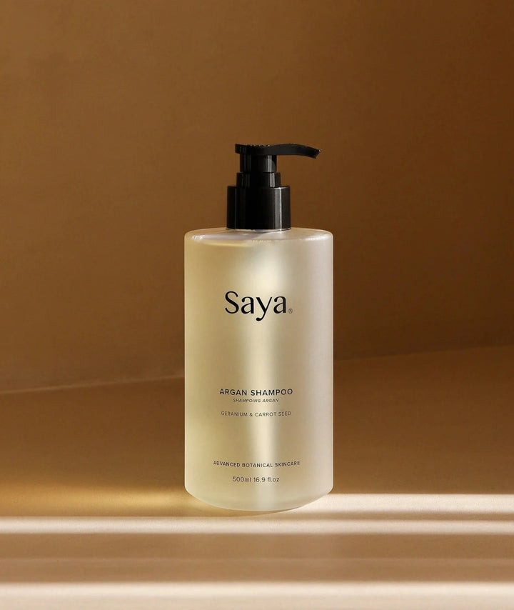 500ml bottle of Australian-made Saya Argan Shampoo with a pump dispenser.