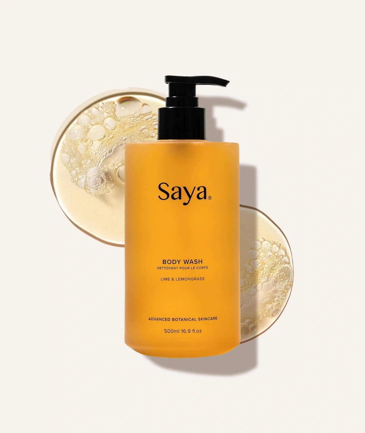 Saya Body Wash (Lime & Lemongrass, 500ml) in an amber pump bottle. Australian botanical skincare.