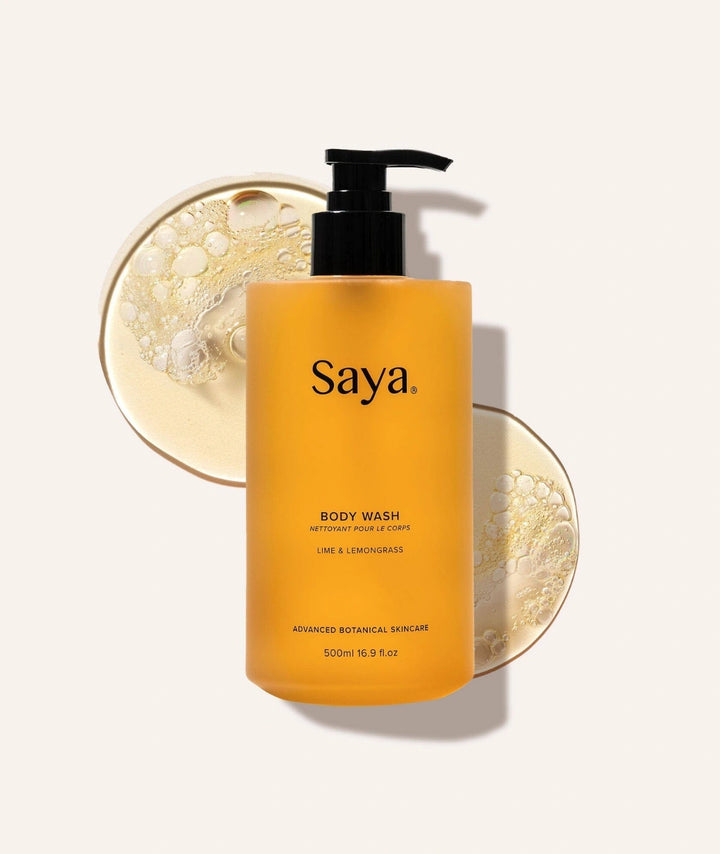 Saya Body Wash (Lime & Lemongrass, 500ml) in an amber pump bottle. Australian botanical skincare.