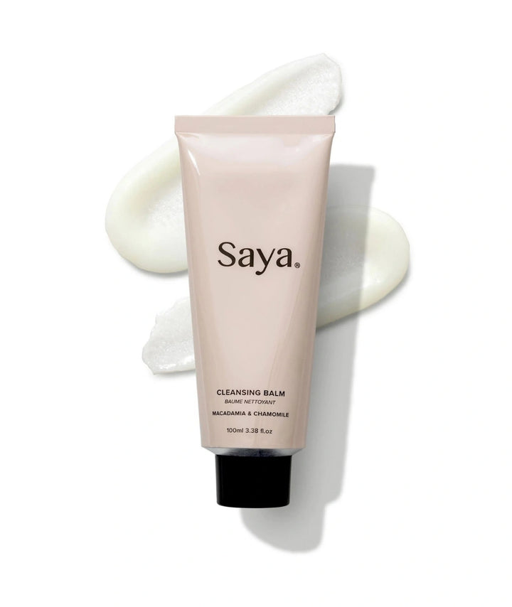Saya Cleansing Balm with nourishing balm texture that melts away makeup and impurities without drying skin.