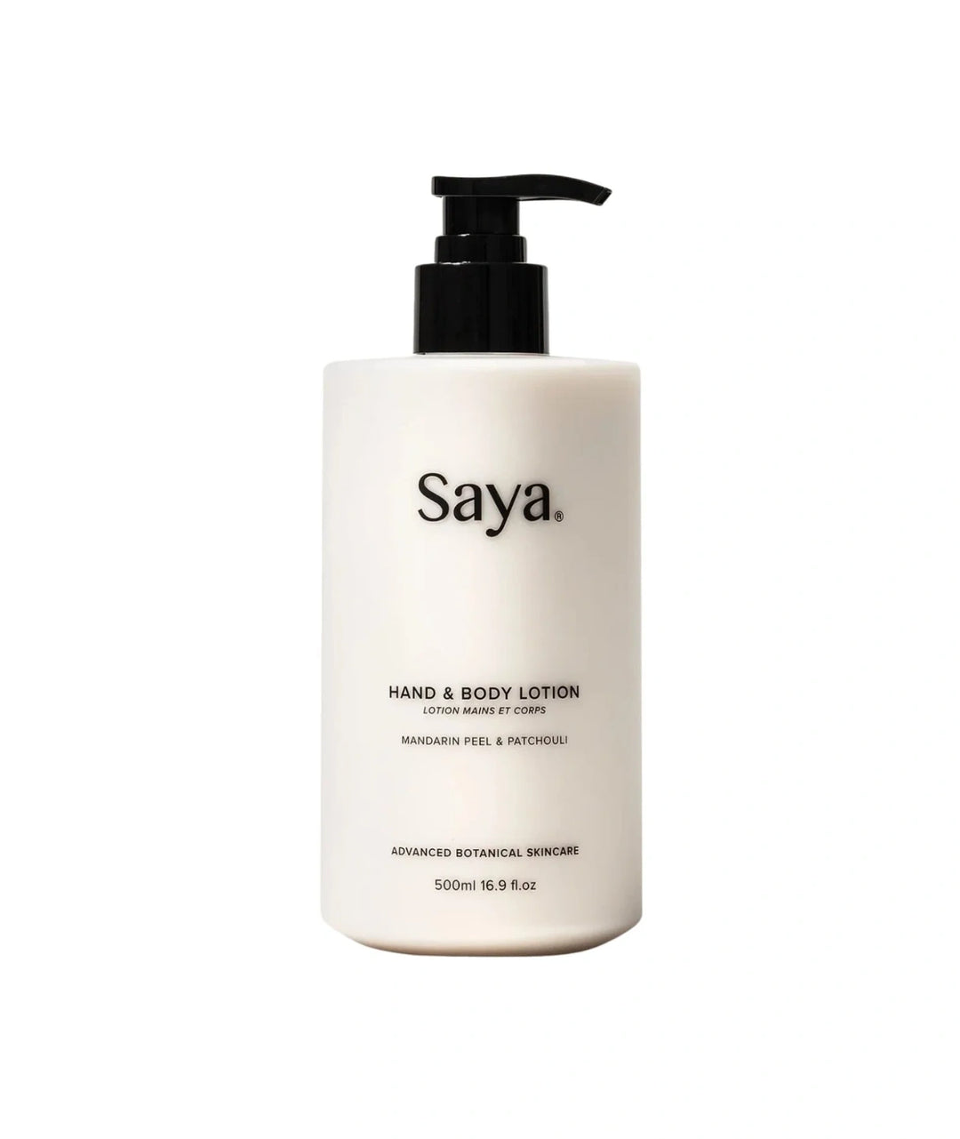 500ml Saya Hand and Body Lotion. Advanced botanical skincare from Noosa featuring Mandarin Peel & Patchouli.