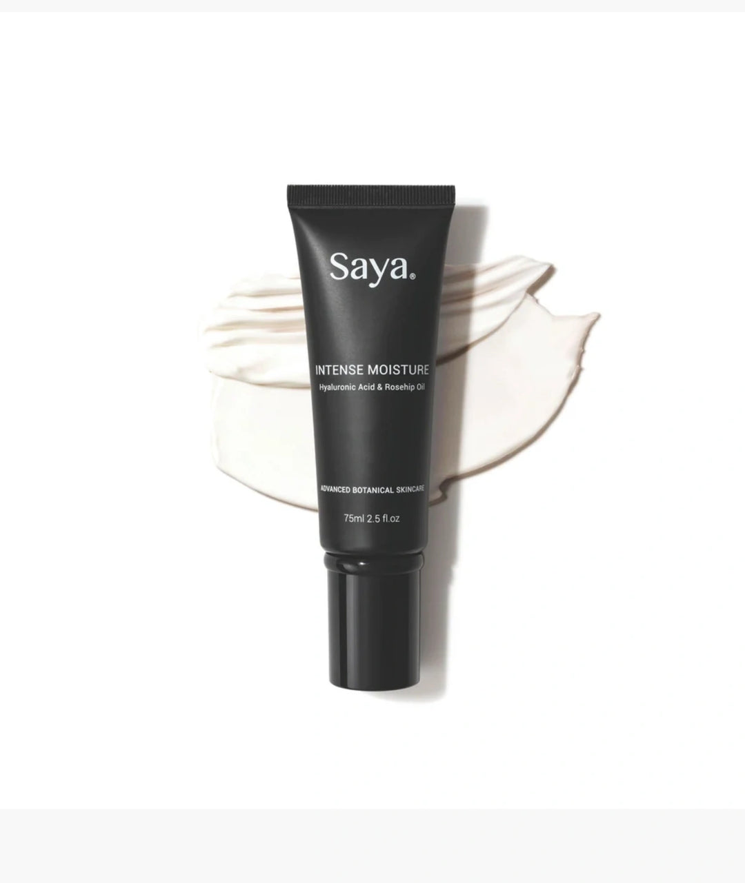 Saya Skin Intense Moisture tube with cream swatch. Australian hyaluronic acid face cream.