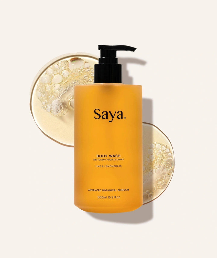 500ml Saya Lime & Lemongrass Body Wash over golden gel texture. Noosa botanical shower essentials.