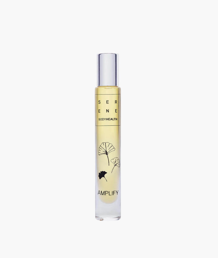 Amplify Roll-On by Serene BodyHealth — slim glass rollerball bottle with ginkgo leaf design | energizing essential oil