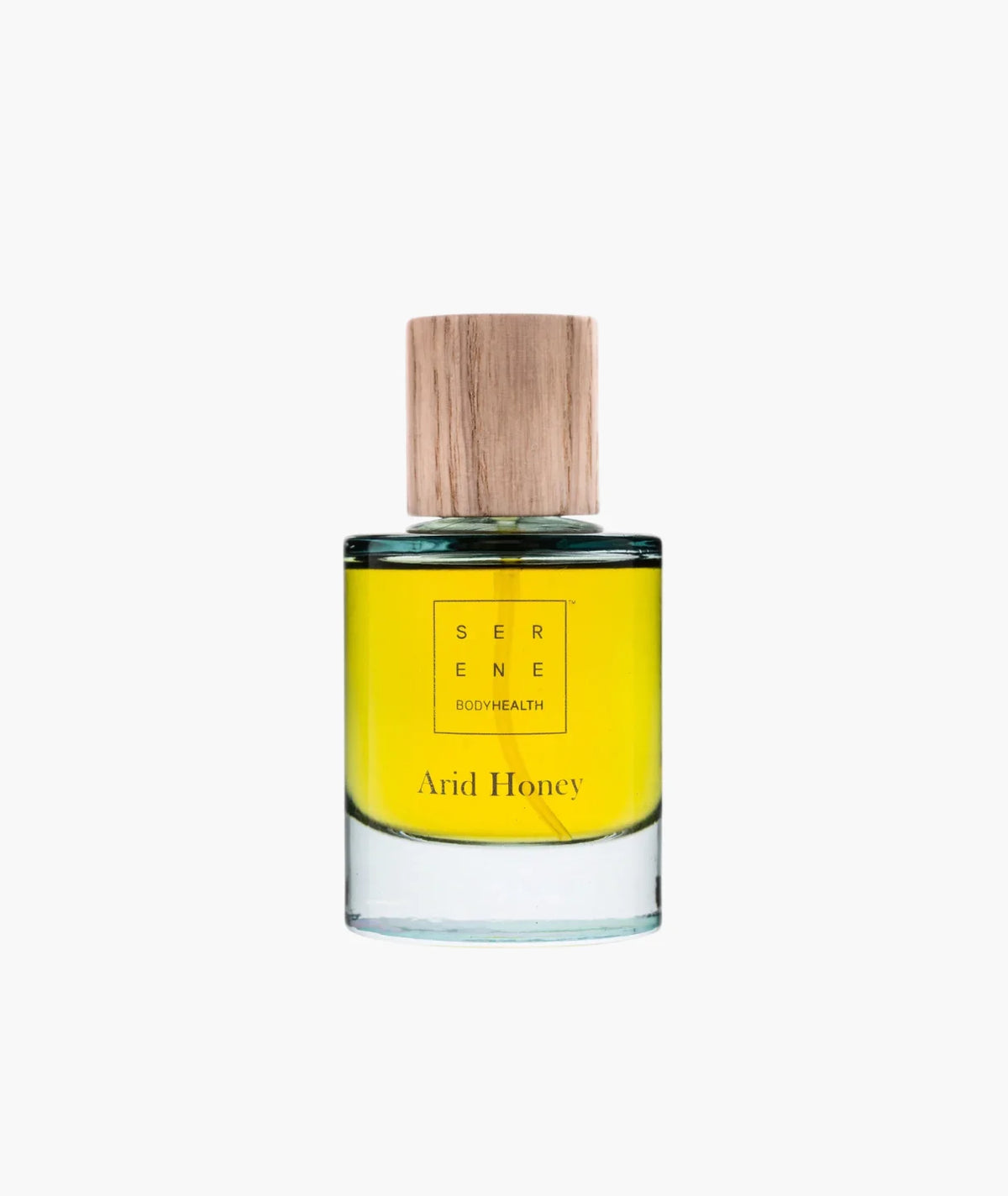 Arid Honey by Serene BodyHealth — clear glass bottle with wooden cap, front view | warm rich fragrance