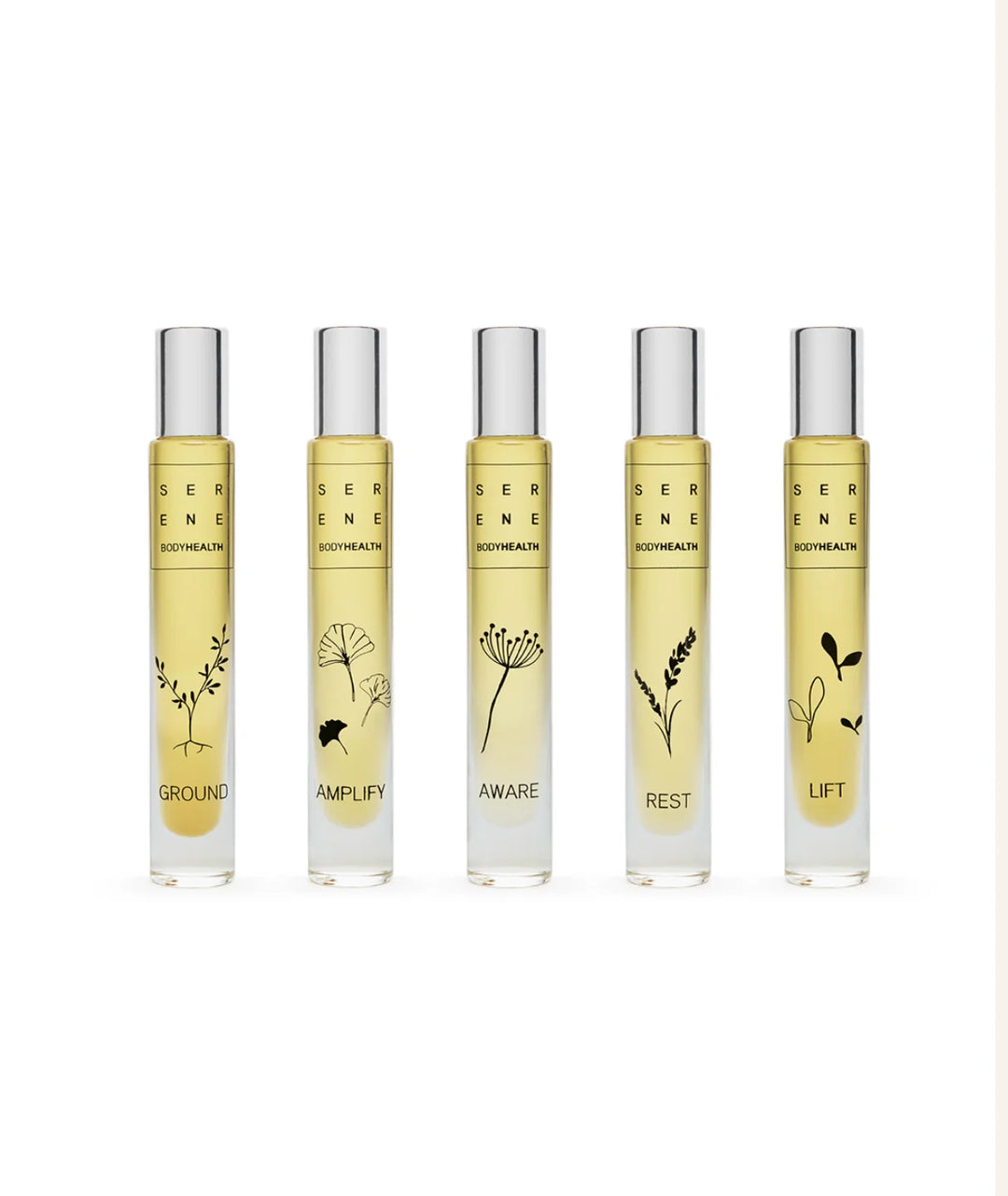 Set of five Serene Bodyhealth essential oil perfume rollerballs: Ground, Amplify, Aware, Rest, and Lift.