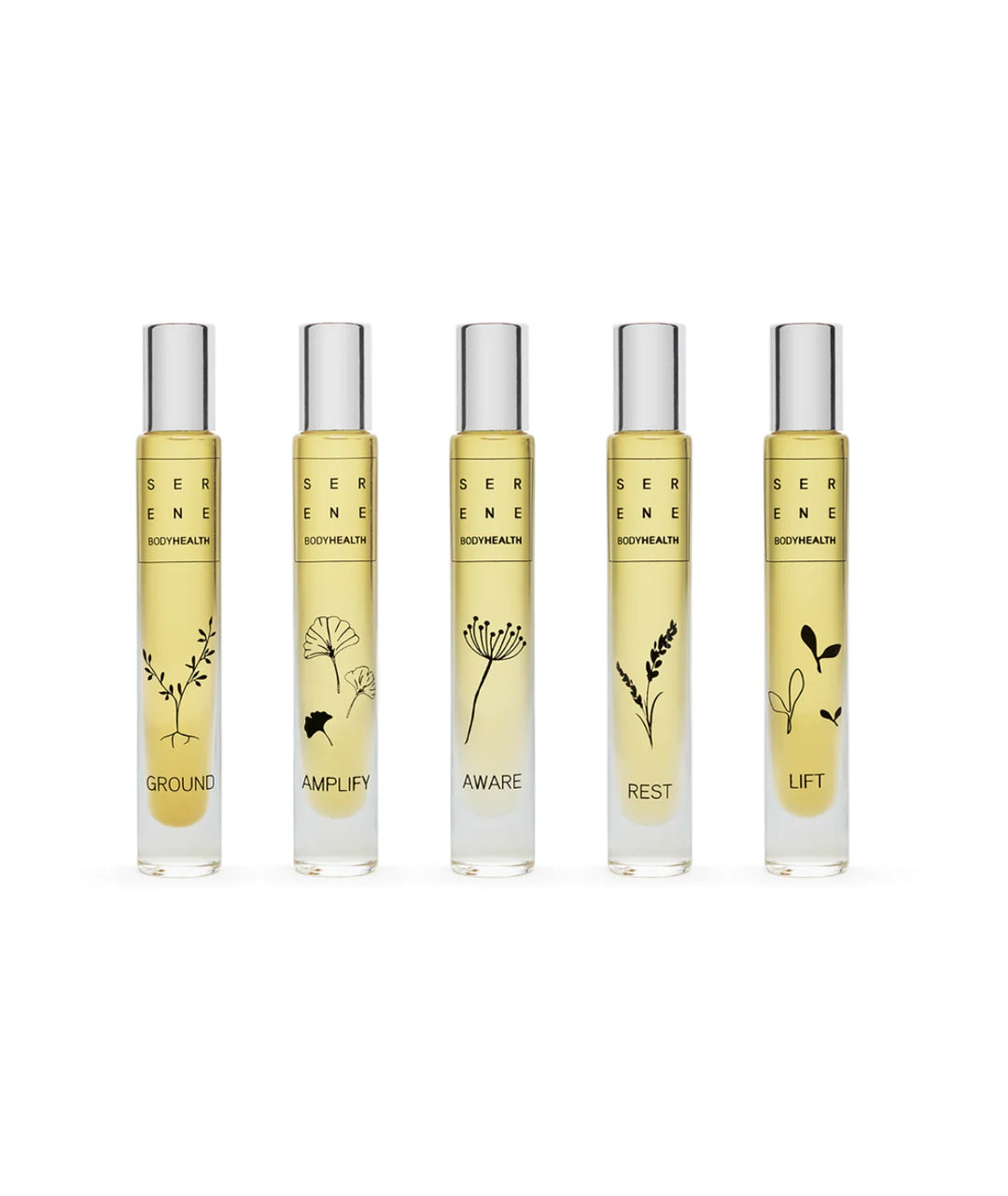 Set of five Serene Bodyhealth essential oil perfume rollerballs: Ground, Amplify, Aware, Rest, and Lift