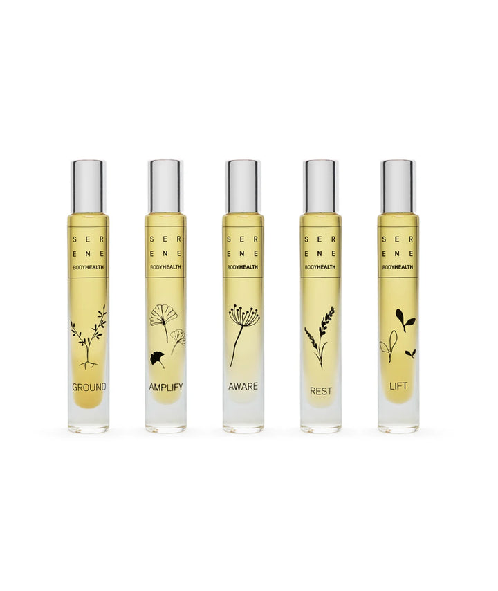 Set of five Serene Bodyhealth essential oil perfume rollerballs: Ground, Amplify, Aware, Rest, and Lift